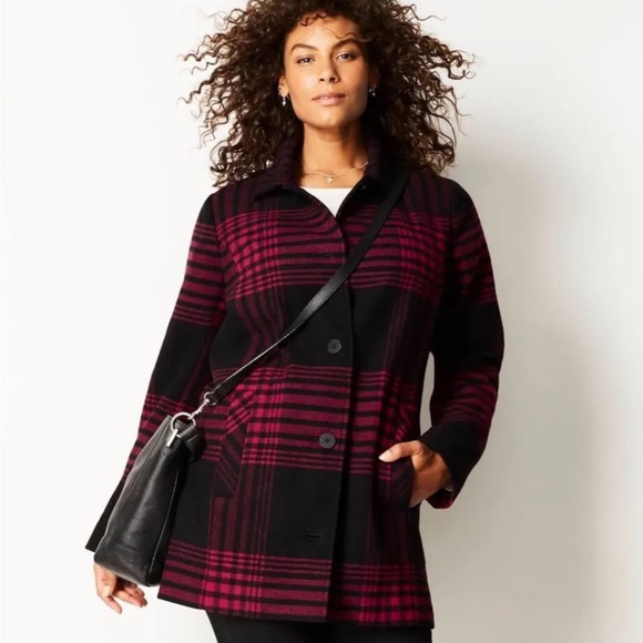 J. Jill Buffalo Plaid Black & Red Pea Coat Women’s Large - Picture 1 of 11